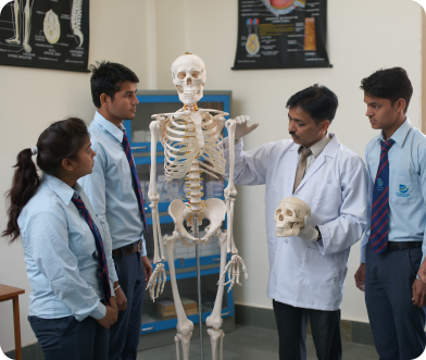Students and teacher with skeleton model